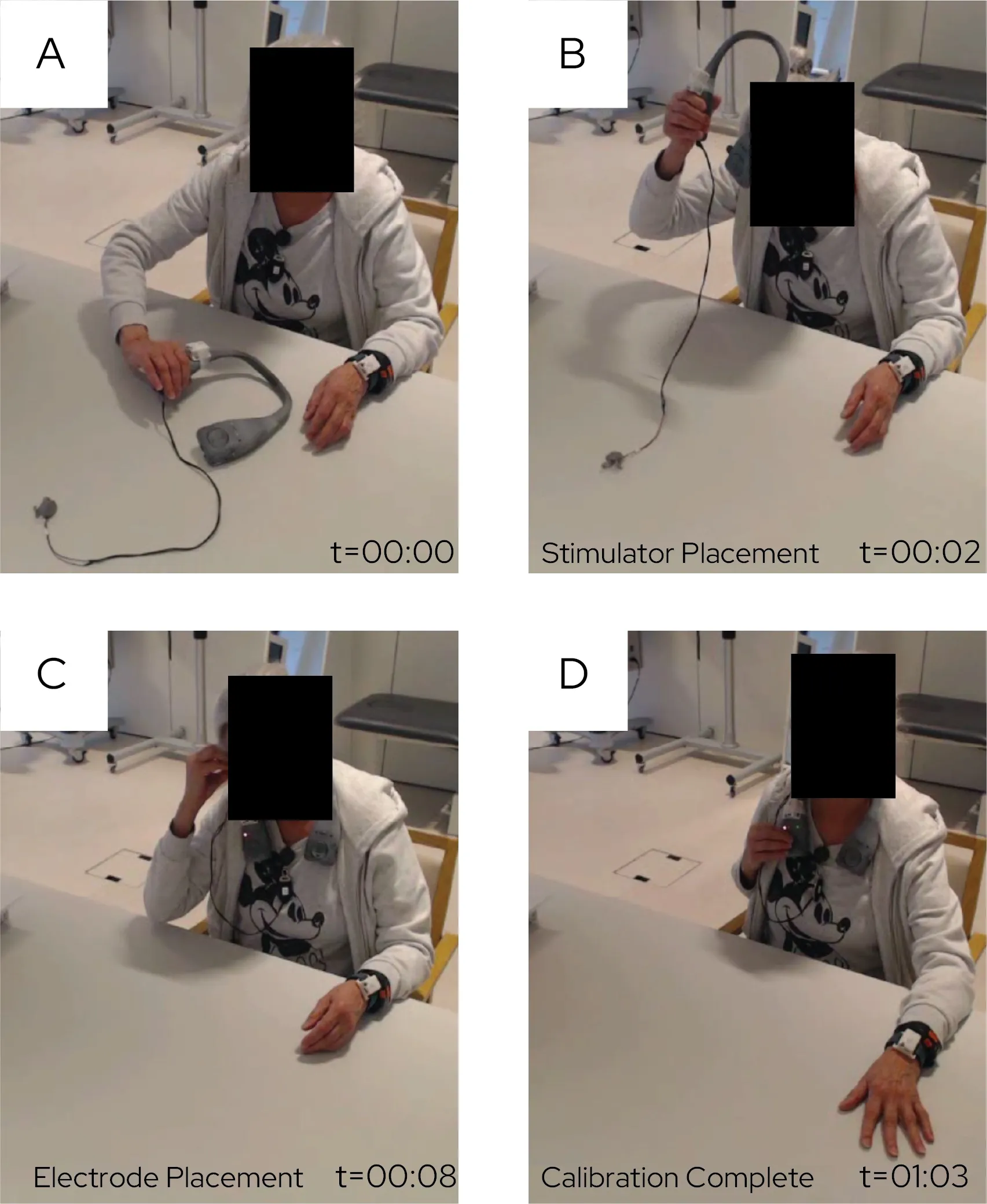 A stroke survivor is shown setting up the SmartVNS device on their own using only their stronger hand. The images show the quick setup process: starting the setup, placing the stimulator around the neck, positioning the small electrode on the ear, and adjusting the stimulation to a comfortable level. A timer in minutes and seconds highlights how fast the setup can be completed (about 1 minute).